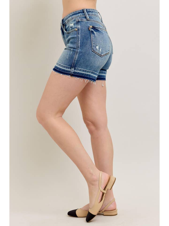 Watermelon Apparel - Wholesale Jeans - Women's - Judy Blue Mid Rise Tummy Control Vintage Wash Release Hem Shorts