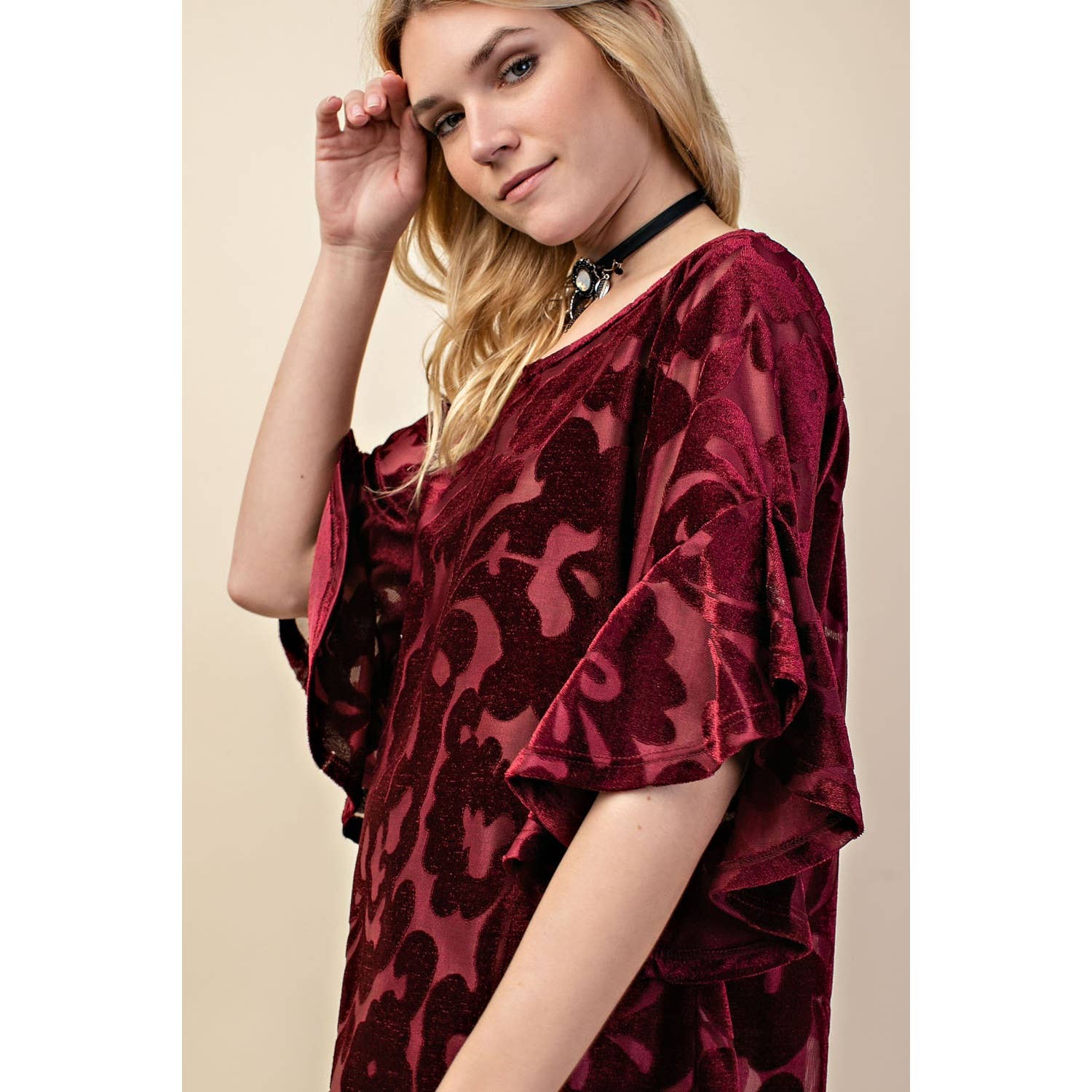 VOCAL - Wholesale Blouse - Women's - VELVET RUFFLE SLEEVE KNIT TOP16