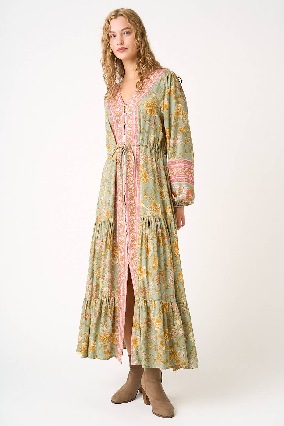 SAGE BOHO FLOWER BORDER PRINT LONG SLEEVE MAXI DRESS for wholesale on Faire2