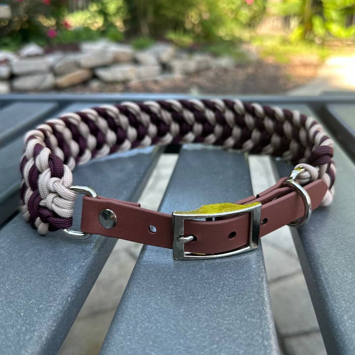 The Josephine Handmade Dog Collar in Burgundy & Tan for wholesale by Pawsh Pup Co.