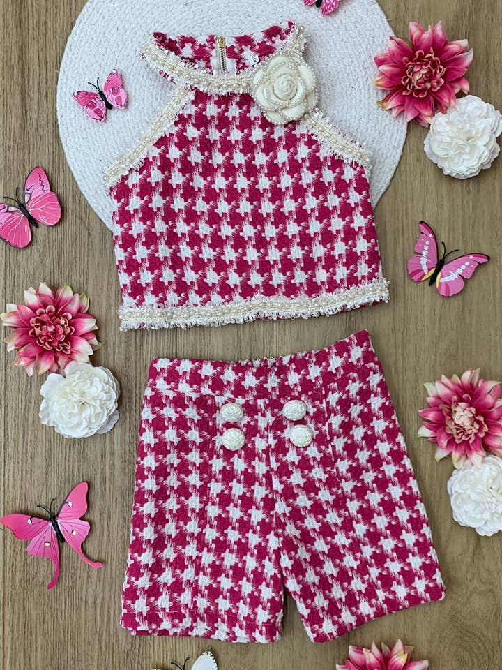 Pink Picnics And Photoshoots Houndstooth Tweed Top And Short Set for wholesale on Faire5
