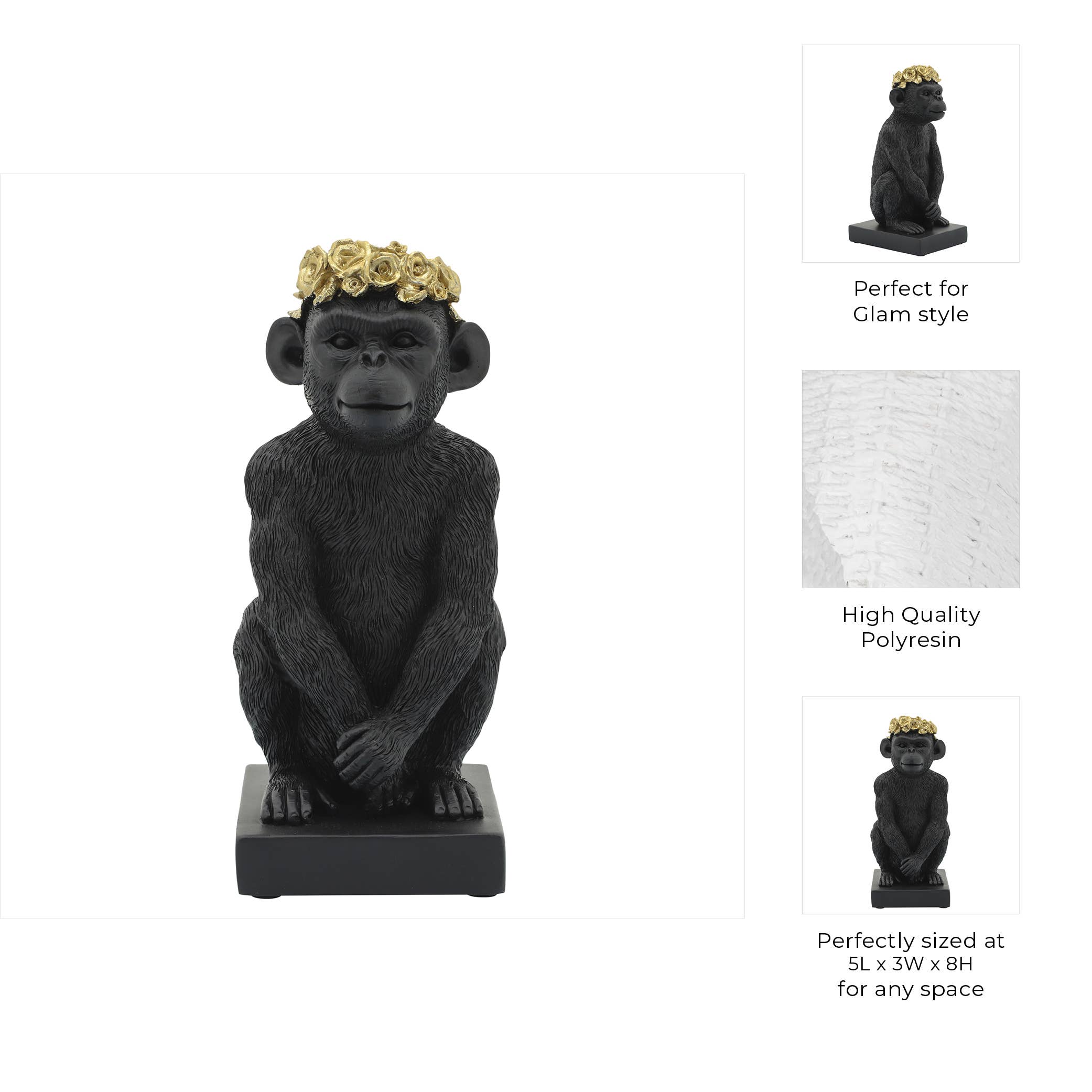 Sagebrook Home - Wholesale Decorative Figurine - Decorative Figurine - Black Resin Monkey Flower Crown, 8 in.2