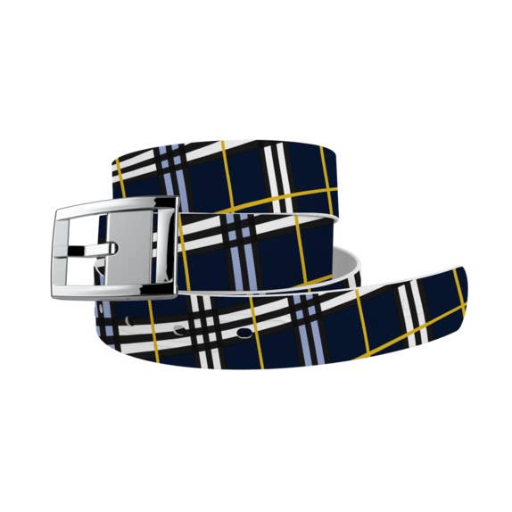 Ceinture à carreaux bleu marine avec boucle chromée argentée pour la vente par C4 Belts & Accessories