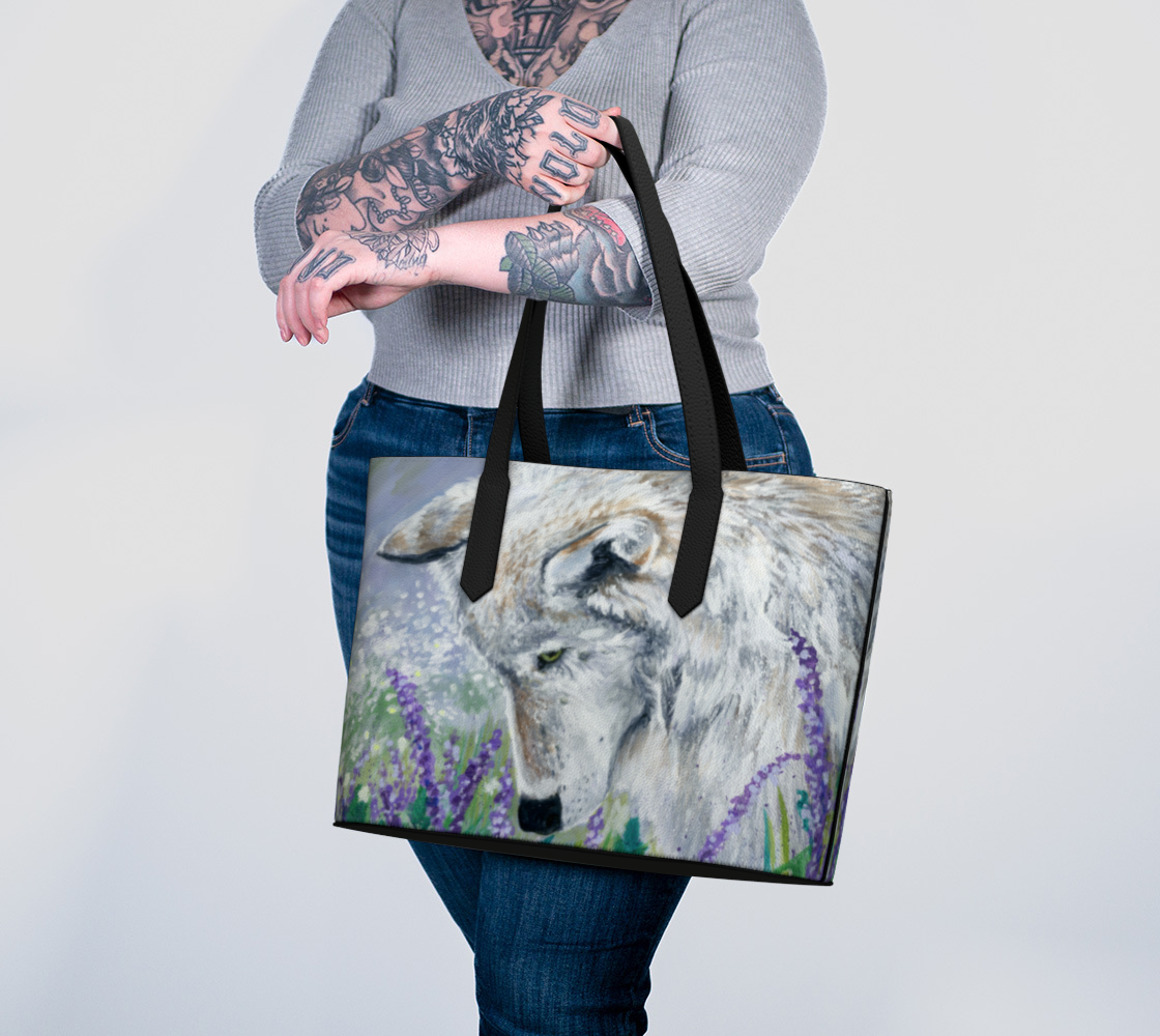 RiverWood Forest - Wholesale Tote Bag - Women's - Lavender Wolf Cotagecore Vegan Leather Tote Bag Purse4