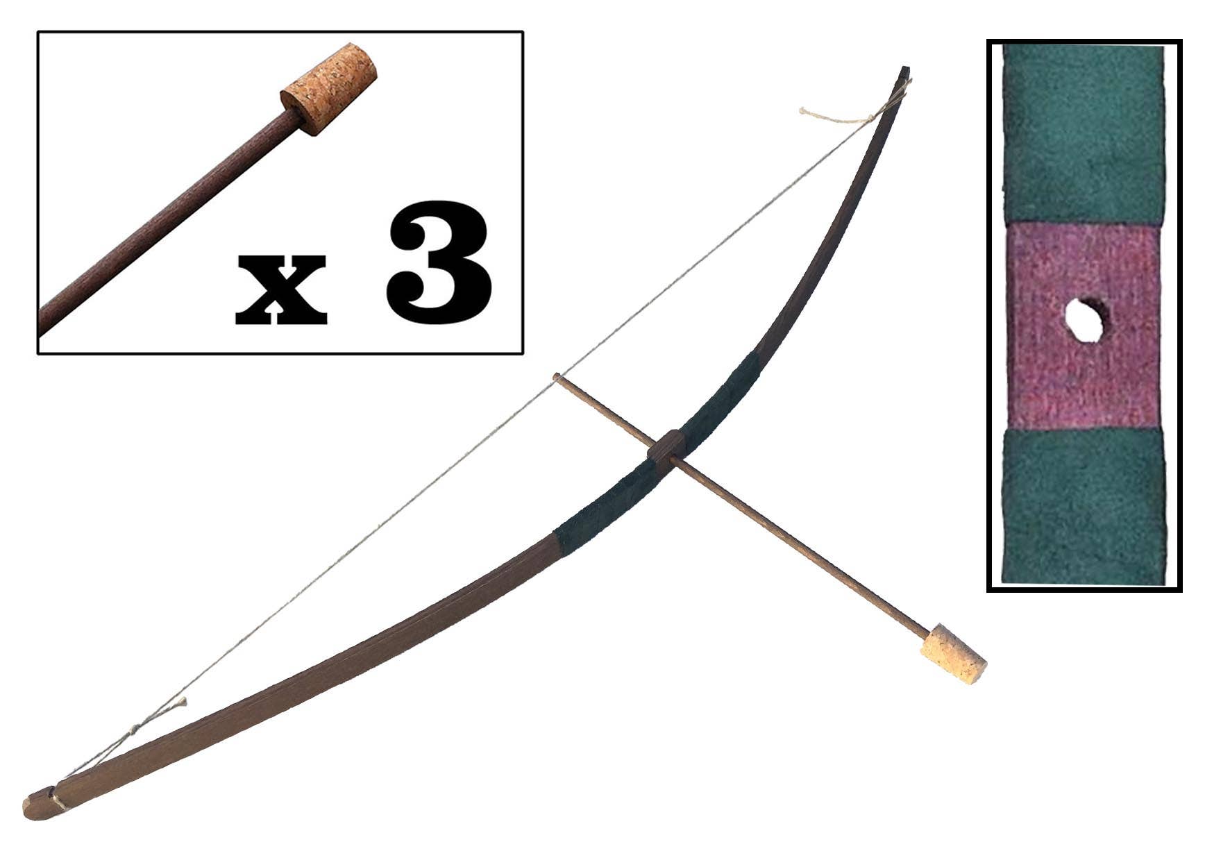 KALID MEDIEVAL – Großhandel Holzspielzeug – Kinder – Rustikaler Holzbogen mit Wildledergriff S und 3 Holzpfeilen mit Korkspitze - ST454F2