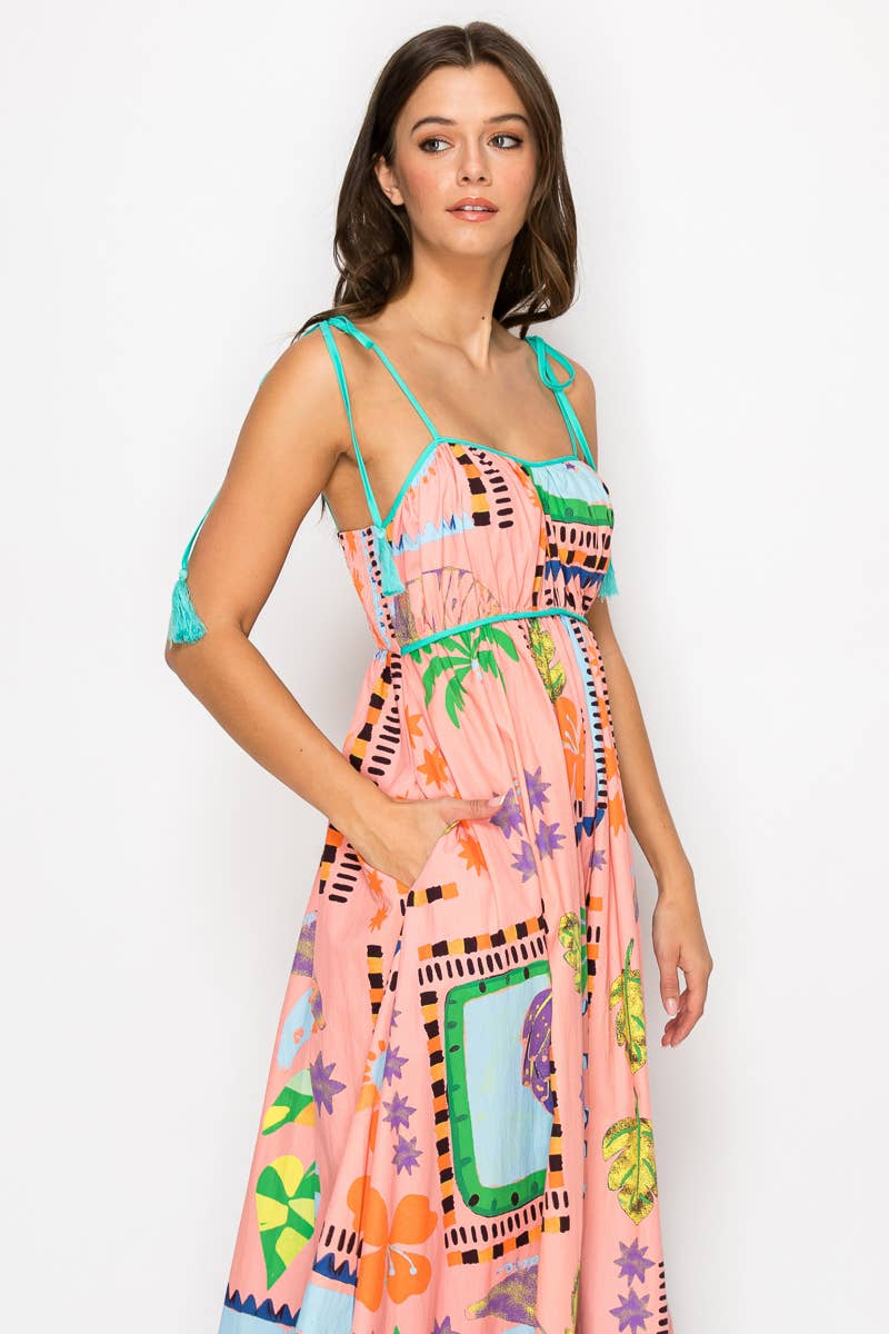 LoveWednesday - Wholesale Dress - Women's - Coral Retro Tropical Print Cotton Maxi Dress - LWD28996