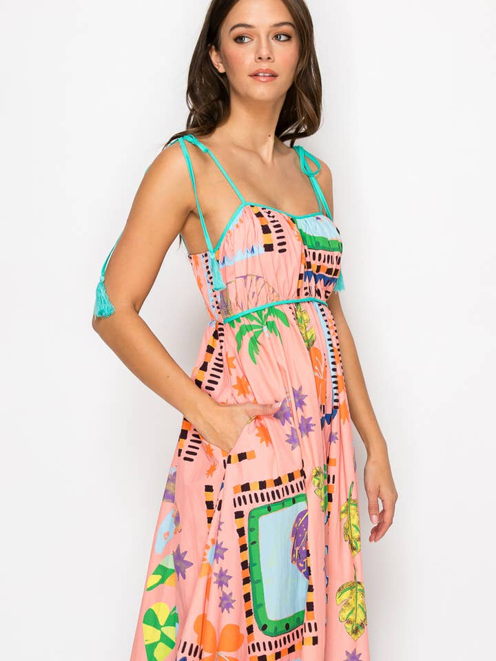 LoveWednesday - Wholesale Dress - Women's - Coral Retro Tropical Print Cotton Maxi Dress - LWD28996