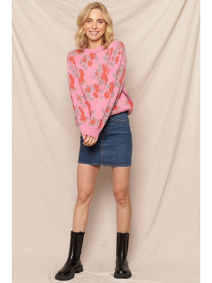 PINK RED Rose Print Knit Sweater for wholesale on Faire