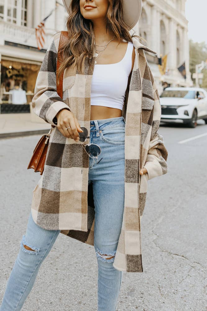 UNISHE - Wholesale Shirt Jacket/Shacket - Women's - Lapel Button Pocket Long Plaid Shacket CY0236