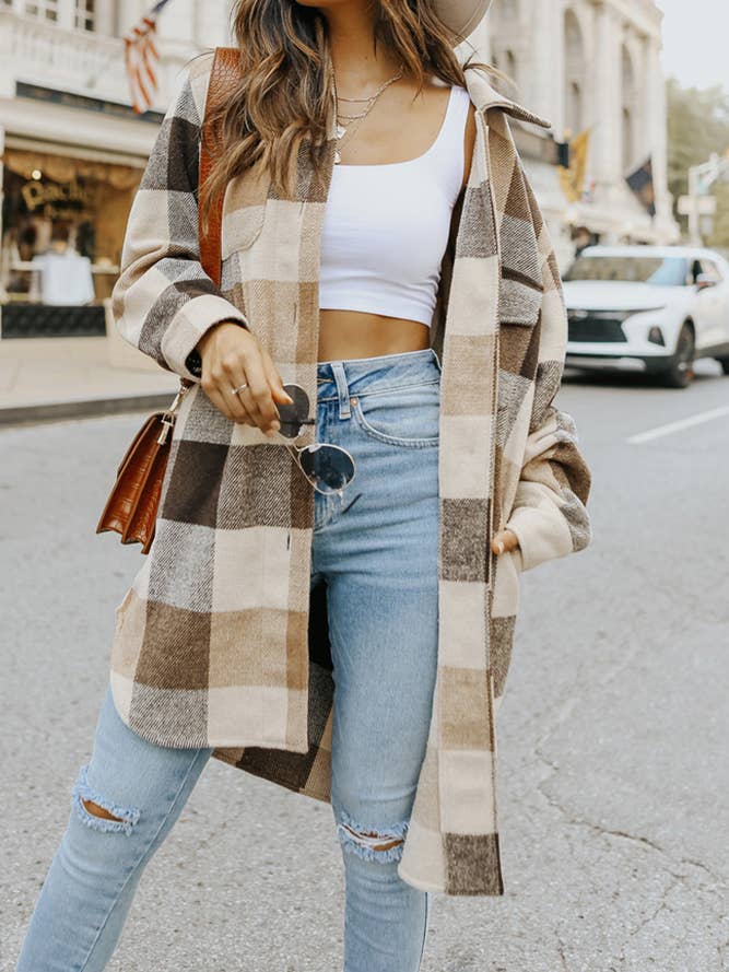 UNISHE - Wholesale Shirt Jacket/Shacket - Women's - Lapel Button Pocket Long Plaid Shacket CY0236