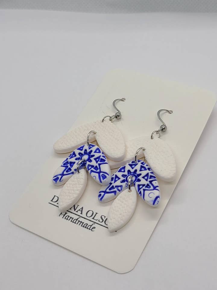 Boho Earrings, Polymer Clay, Blue And White, Greece for wholesale by Dayna Olson Handmade