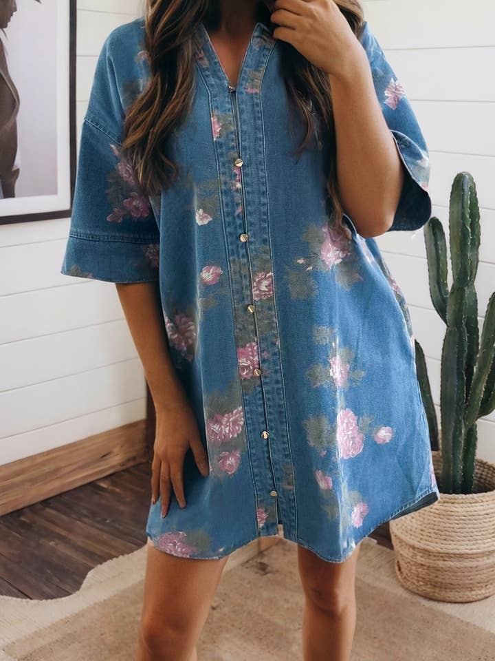 LAS-LIVE Denim Floral Printed Cuffed Shift Dress (S-XL) for wholesale by LA Society