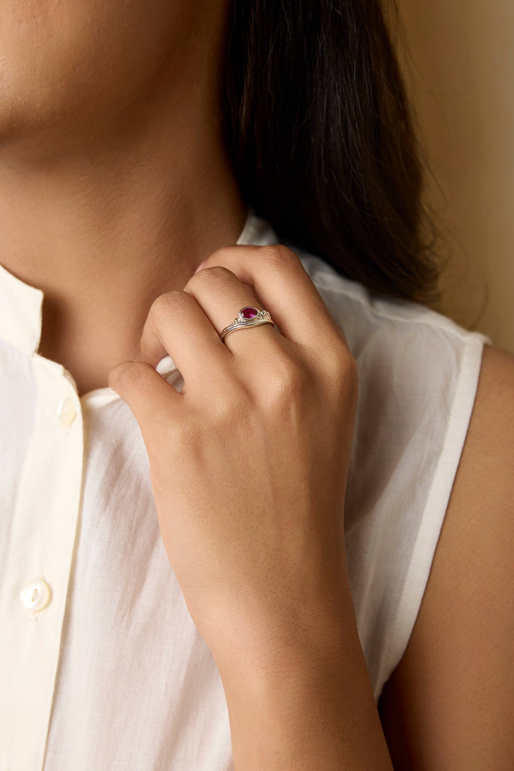 Banyan Jewellery – wholesale Single stone/solitaire ring – Handmade Silver Ring with Pink Ruby CZ and Gold Details4