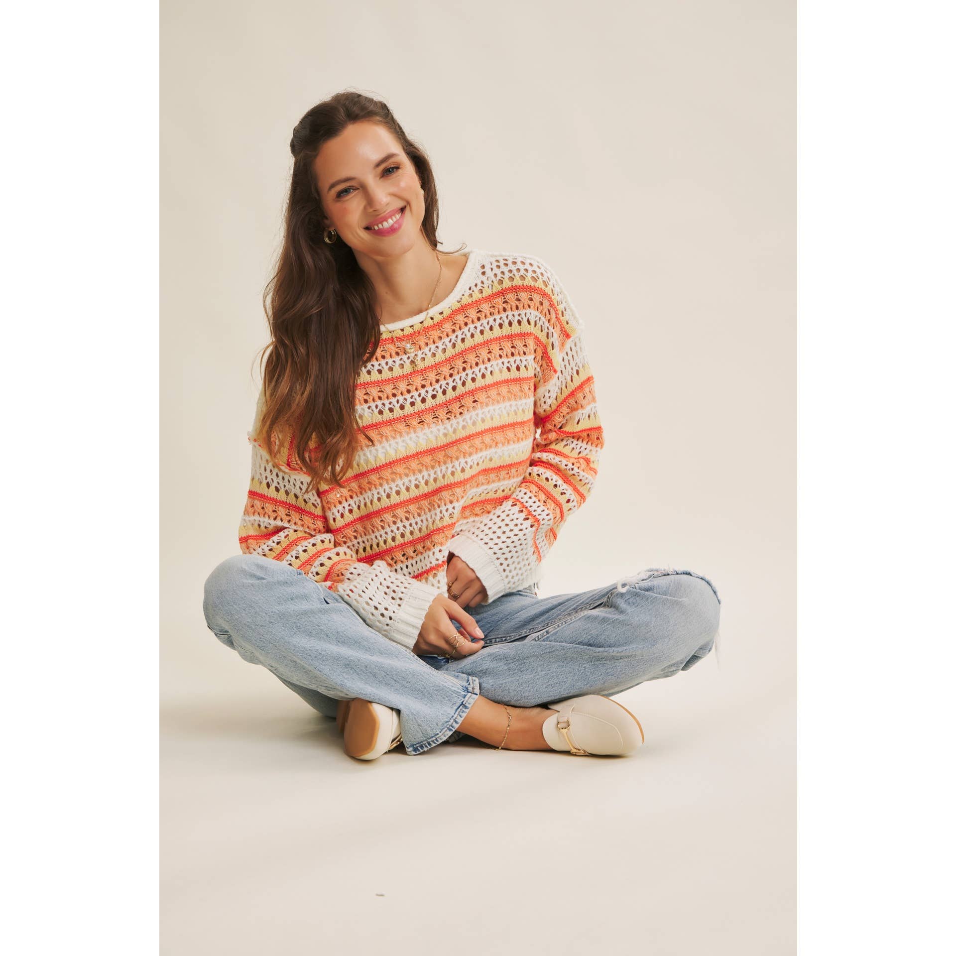 in february - Wholesale Knit Sweater - Women's - BRIGHT VIBRANT MULTI STRIPE LOOSE FIT CROCHET SWEATER TOP1