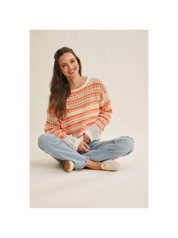 in february - Wholesale Knit Sweater - Women's - BRIGHT VIBRANT MULTI STRIPE LOOSE FIT CROCHET SWEATER TOP1