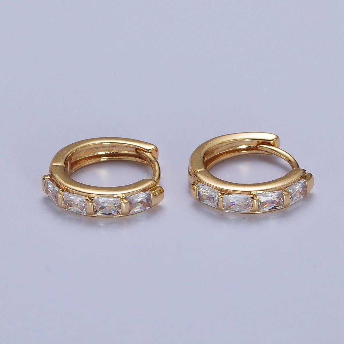 Aim Eternal - Wholesale Huggie Earrings - 16K Gold Filled Baguette Cubic Zirconia Lined 13x14mm Huggie Hoops Earrings | AD-4950