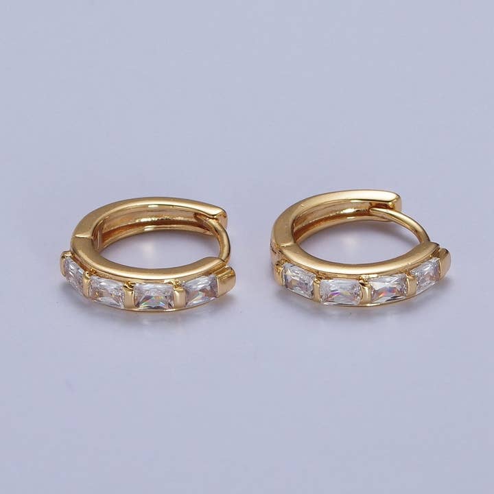 Aim Eternal - Wholesale Huggie Earrings - 16K Gold Filled Baguette Cubic Zirconia Lined 13x14mm Huggie Hoops Earrings | AD-495
