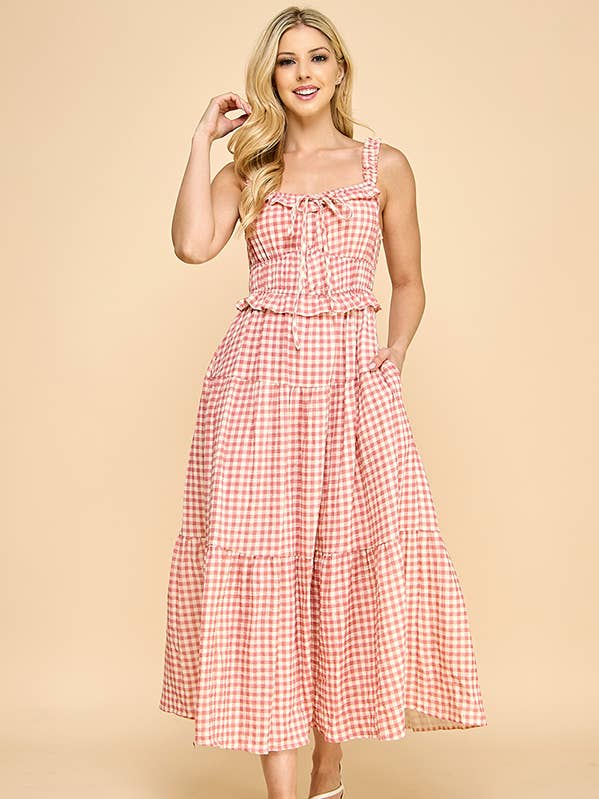 Million Colors - Wholesale Dress - Women's - Gingham Cotton Gauze Pockets Ruffle Midi Dress0