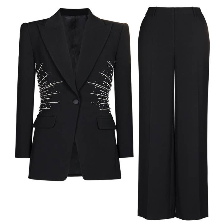 Preto Conjunto de Duas Peças com Missangas Outono Inverno para Mulheres Conjunto de Calças para Trabalho para venda a revendedores na Faire