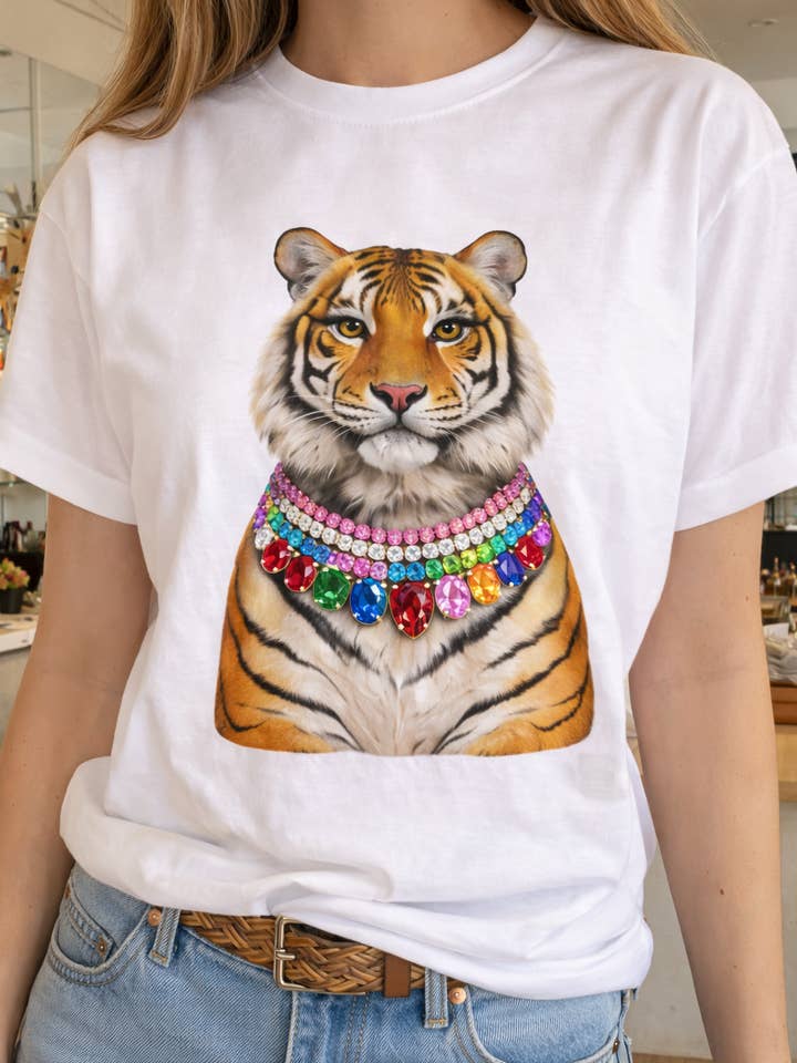 Jeweled Collar Tiger on White Crew for wholesale by Bling-A-GoGo, LLC