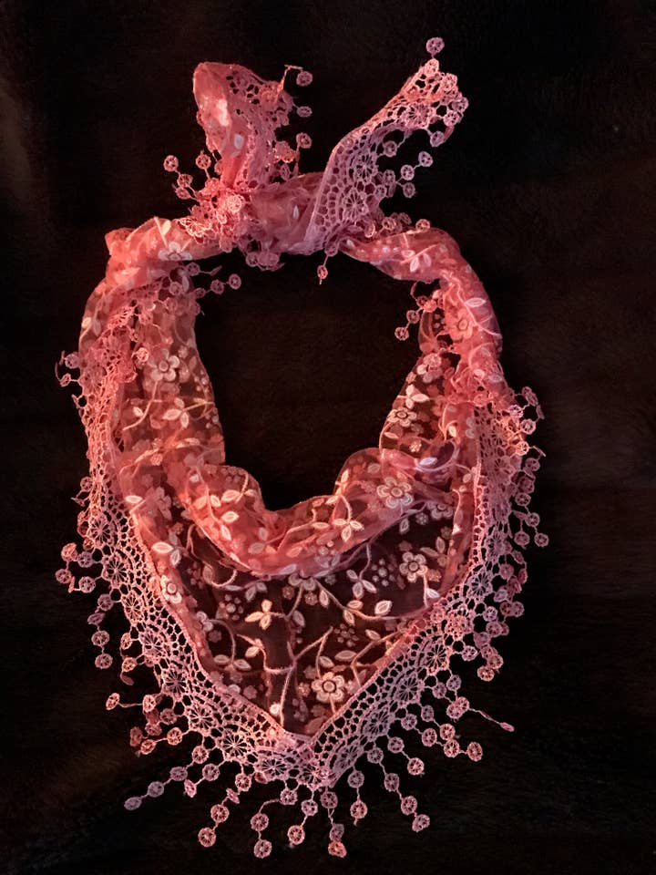 Pink Shimmery Lace Wild Rag with Unique Pink Fringe for wholesale by Wild Horse Clothier