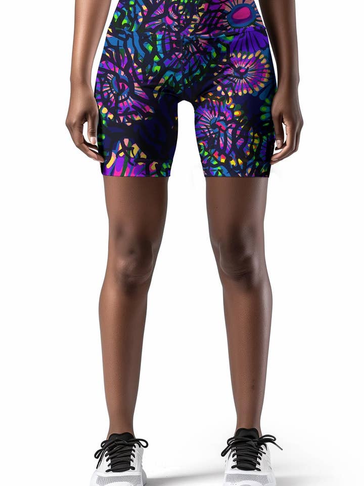 Calções de Ciclismo de Ioga de Desempenho Roxo Karen Brilho da Meia-Noite - Mulher por atacado de Pineapple Clothing