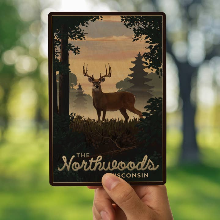 Lantern Press - Venta al por mayor Tarjeta postal - POSTAL DE MADERA Northwoods, Wisconsin, Deer & Sunrise6