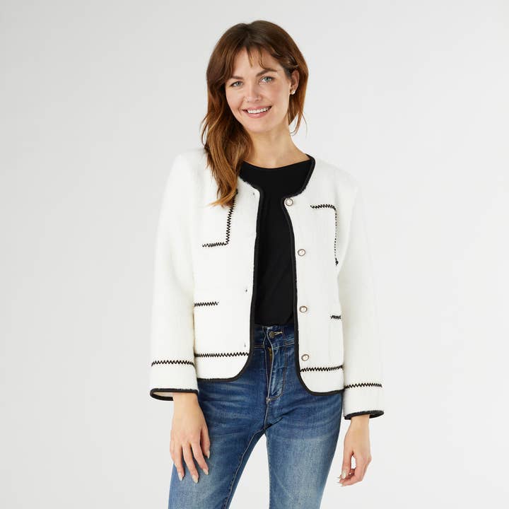 Winter White Clarice Cardigan with Trim Detail for wholesale on Faire