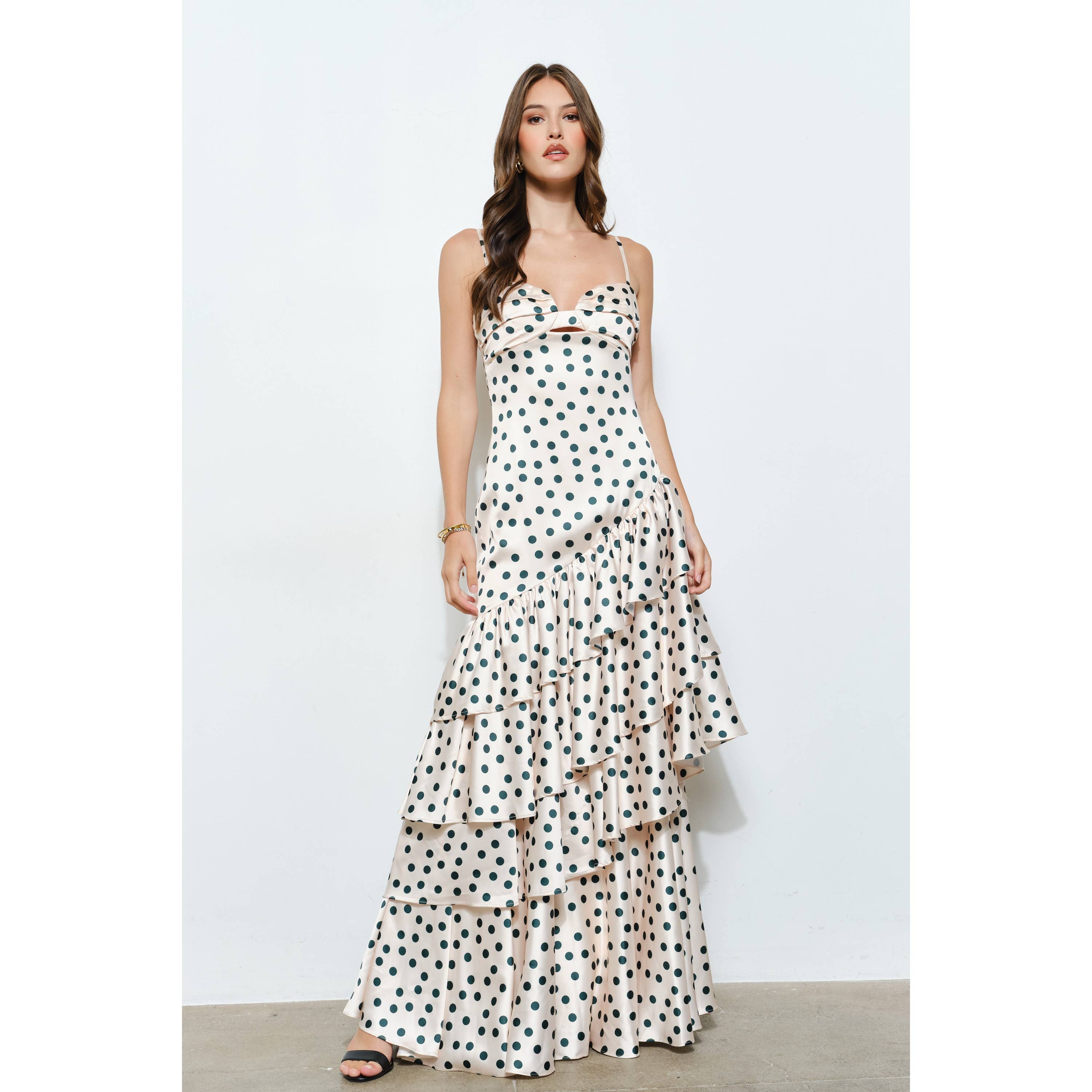 INA – wholesale Dress – Women's – Satin Polka Dot Tiered Ruffle Maxi Dress4
