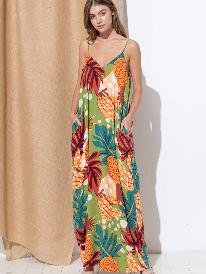 Tropical Leaf and Pineapple Print Maxi Dress - A0441 for wholesale by Bloidy