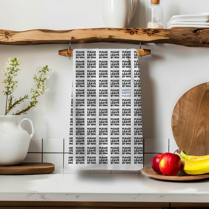 Twisted Wares - Wholesale Tea Towel - Please Leave By 9 Black and White Tea Towel1