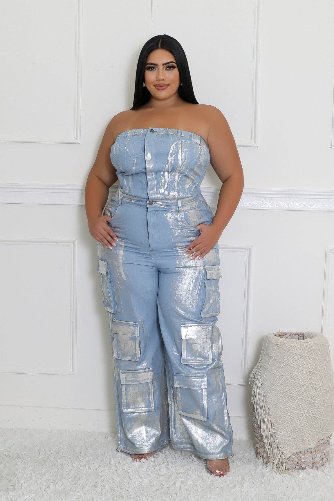 5besties inc – wholesale Jumpsuit – Women's – FOIL PRINT DENIM STRAPLESS JUMPSUITS7