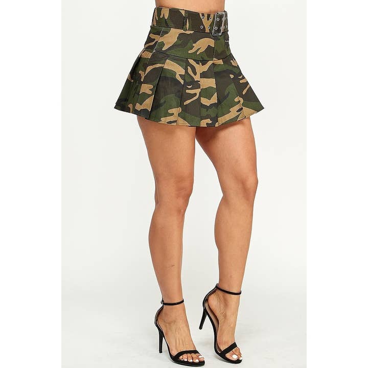 Camo print pleated mini skirt with a belt for wholesale on Faire