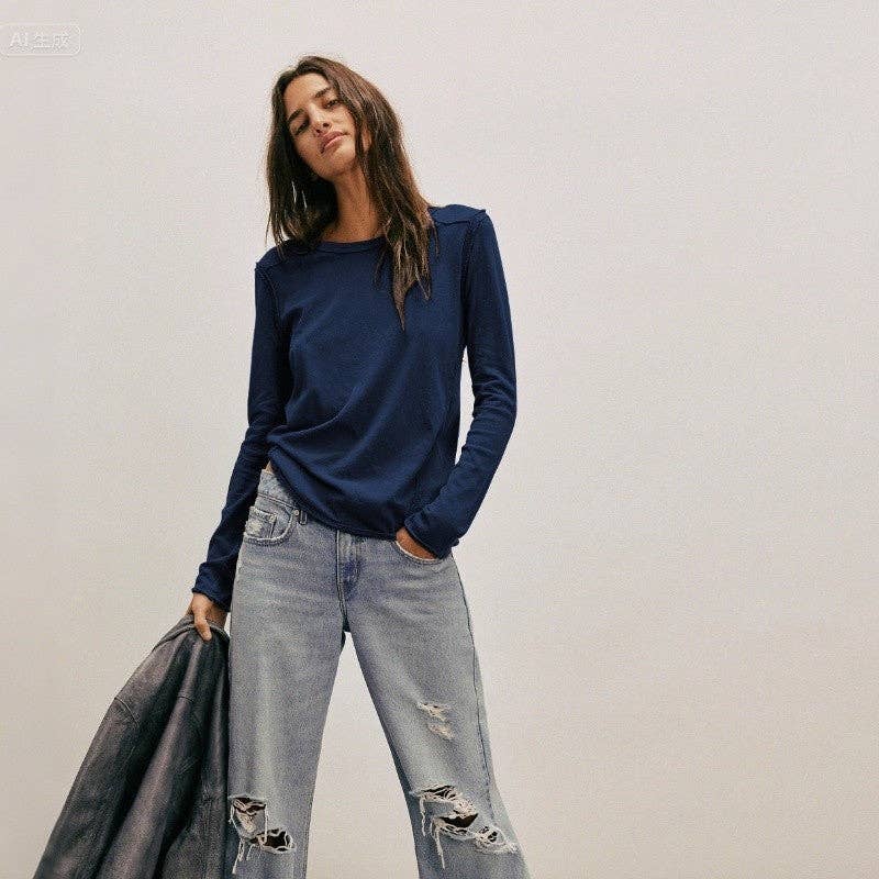 Plush Looks - Wholesale T-Shirt - Women's - Solid Color Round Neck Long Sleeve T-Shirt7