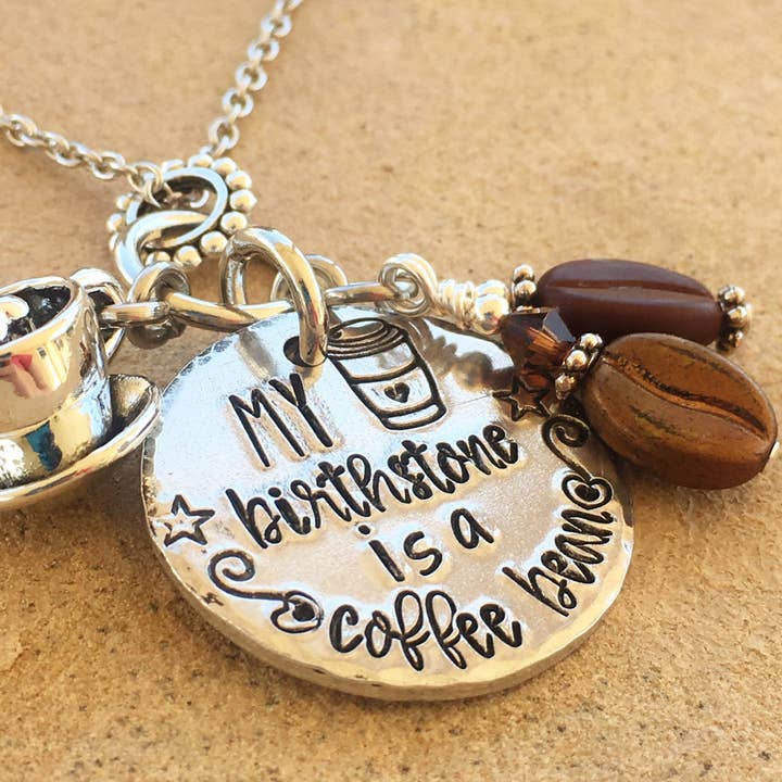 My Birthstone is a Coffee Bean Coffee Lover's Necklace for wholesale by Stamped Serendipity