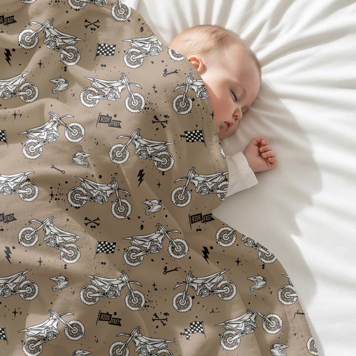 Baby Boy Soft Velveteen Tan & Black Dirt Bike Blanket 30X40 for wholesale by Rufflеѕ & Bоwtіеѕ - Affordable Boys & Girls Clothing