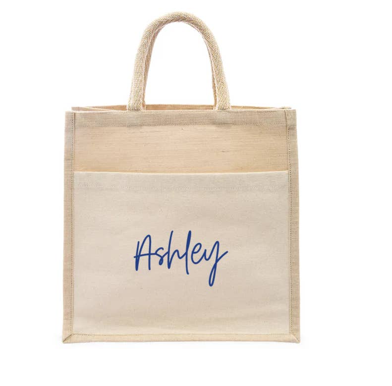 Weddingstar Inc. - Wholesale Tote Bag - Women's - Medium Woven Jute Tote Bag With Pocket - Script Font