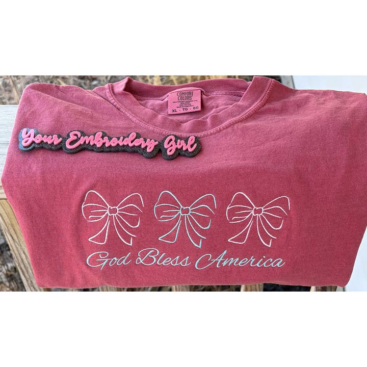 Embroidered God Bless America Bows Comfort Colors T-Shirt for wholesale by Your Embroidery Girl