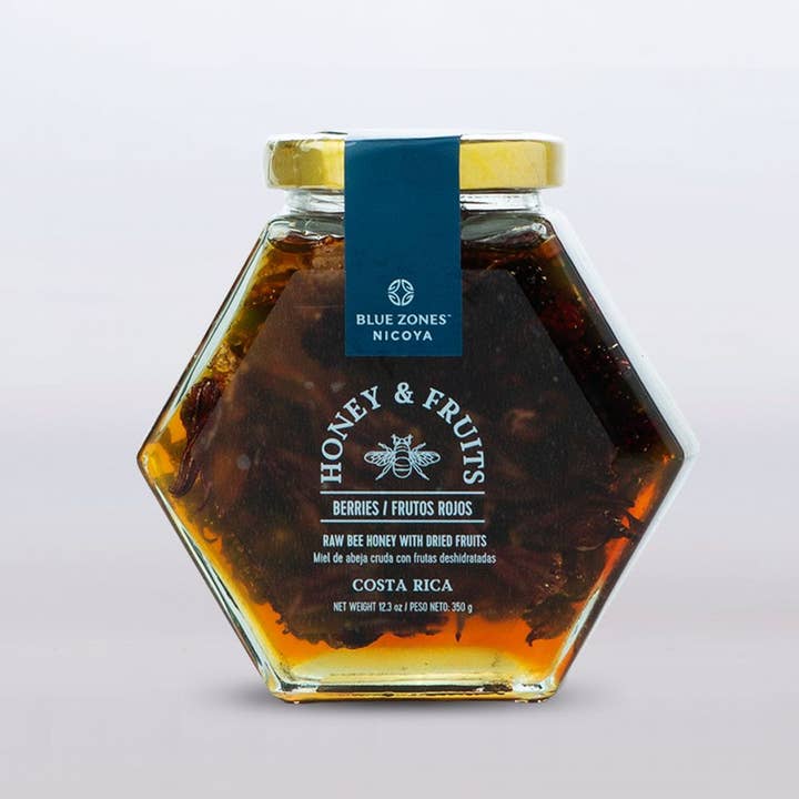 Miel bleu Honey & Fruits avec baies déshydratées 350g/12 oz pour la vente par Blue Zones Nicoya