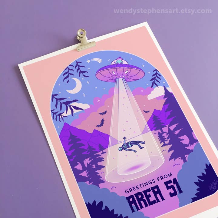 Visit Area 51 Spooky Cryptids Art Print for wholesale by Wendy Stephens Art