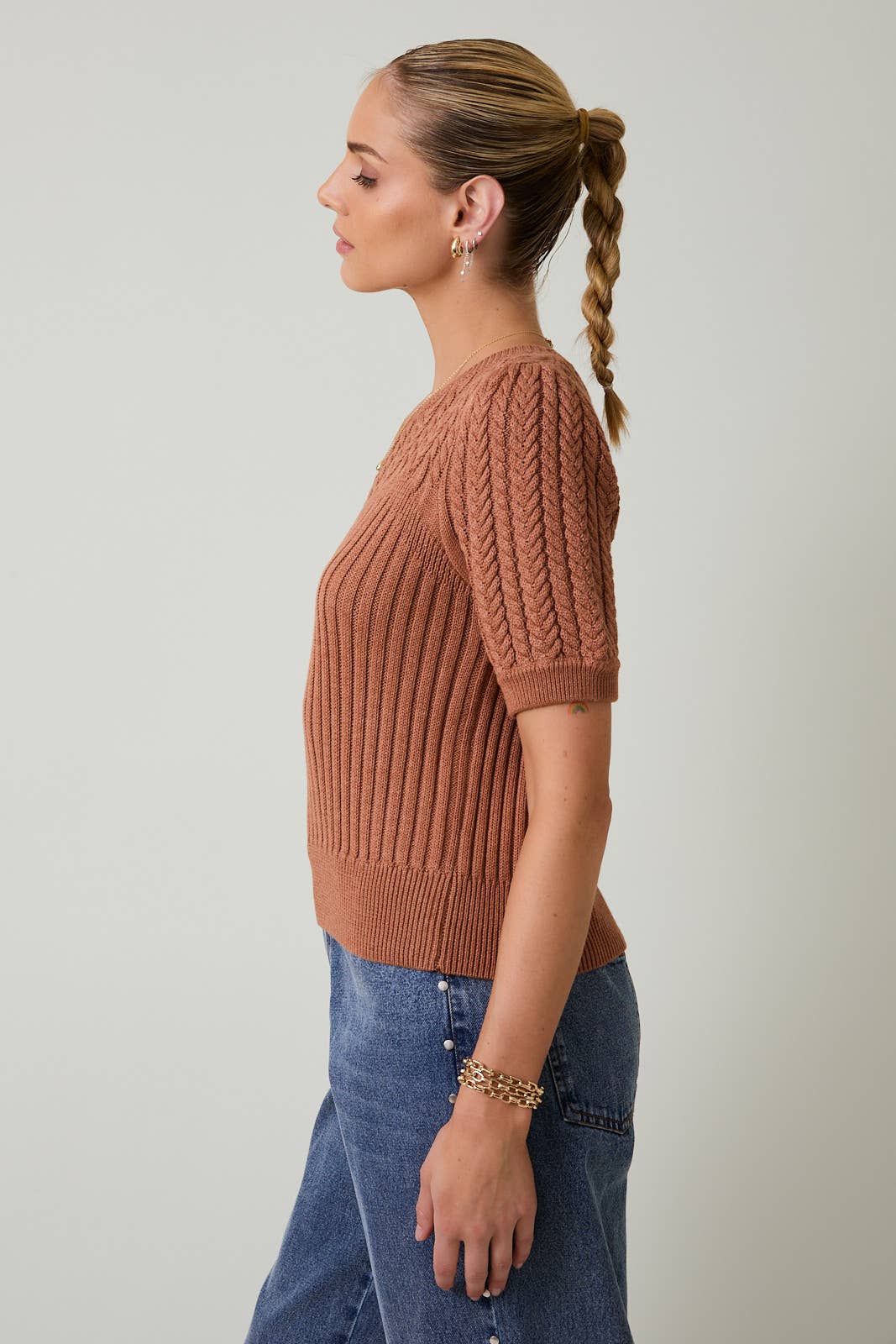 Sunday Edition by LE LIS - Wholesale Knit Sweater - Women's - ROUND NECK PUFF SHORT SLEEVE CABLE SWEATER35