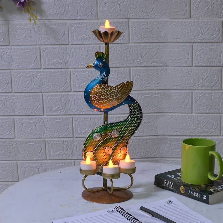 Portavelas de Metal Vibrante con Forma de Pavo Real para Velas de Té para venta al por mayor de VIRATRA ART DECOR