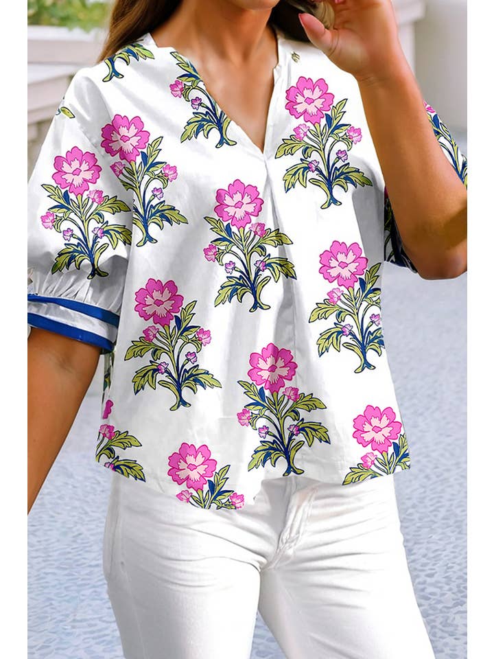 White LDC Floral Colorblock Stripe Knot Bubble Sleeve Blouse for wholesale on Faire