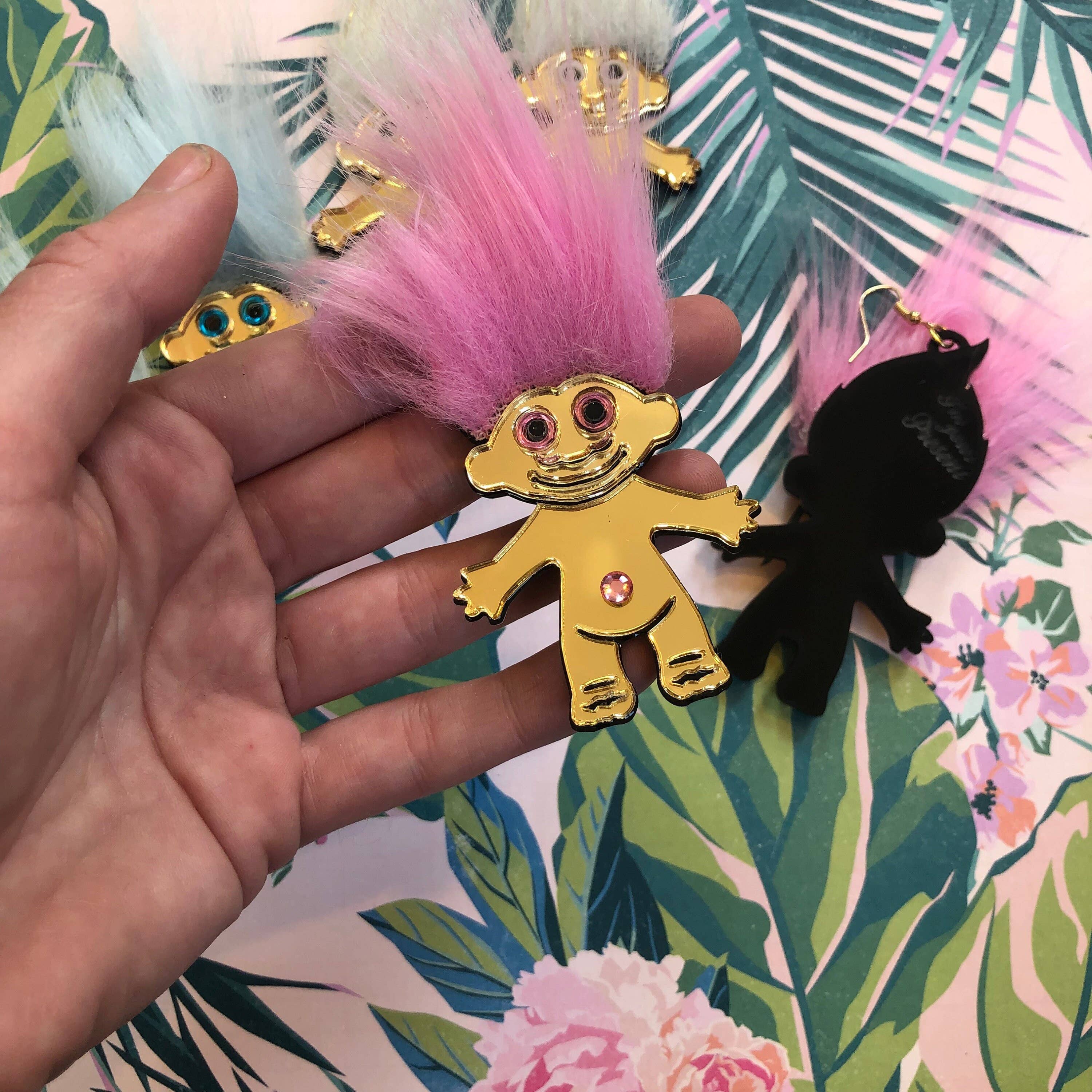 I'm Your Present - Wholesale Dangle Earrings - Furry Treasure Troll, Pink, White Or Blue, Acrylic Laser Cut Earrings, Plastic Jewelry9