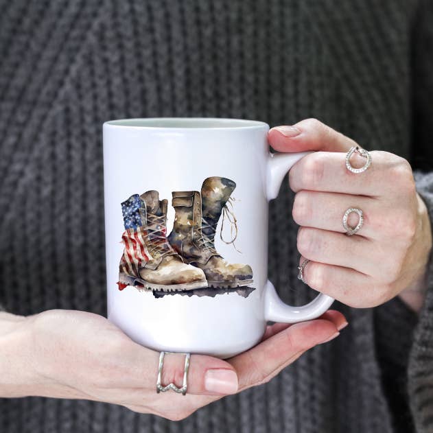Prairie Chicken Sticker Shop & Gifts - Wholesale Coffee Mug - Military Combat Boots Watercolor Flag 15oz Coffee Mug
