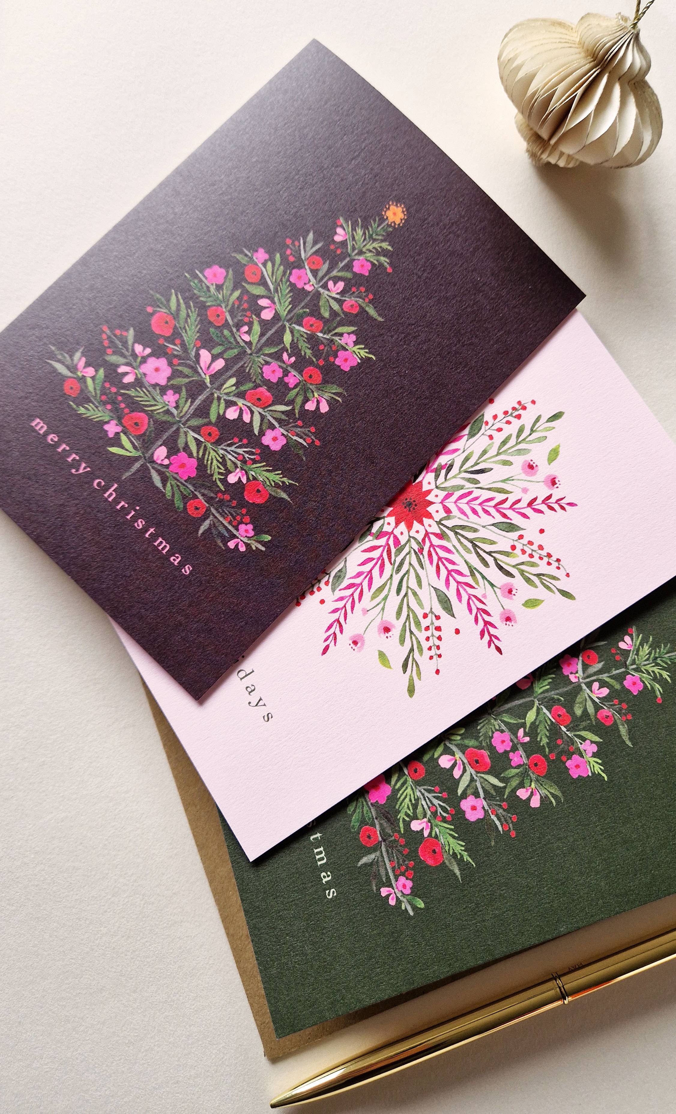 Anna Lau Art - Wholesale Season's Greetings Card - Floral Snowflake - Pink - A6 Holiday card3
