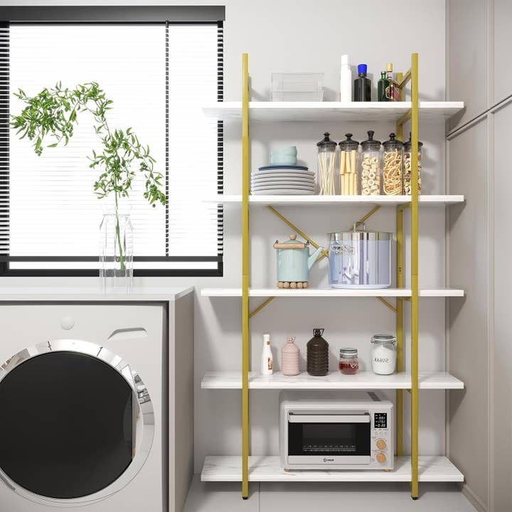 Five Tier Bookshelf Organizer White Faux Marble Metal Open Display for wholesale on Faire3