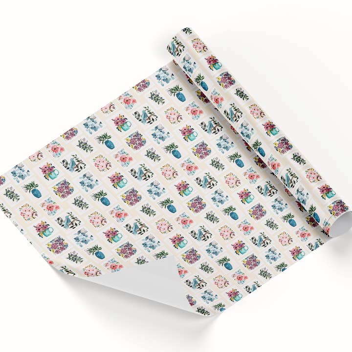 Postage Stamps With Blue Bird, Flowers in Mug Wrapping Paper for wholesale by Jasmine Goodwin Designs