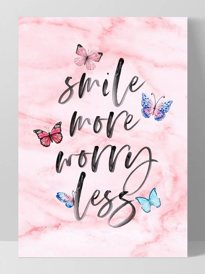 Kids Butterfly Quote Art. Smile More, Worry Less Typography for wholesale by PRINT AND PROPER