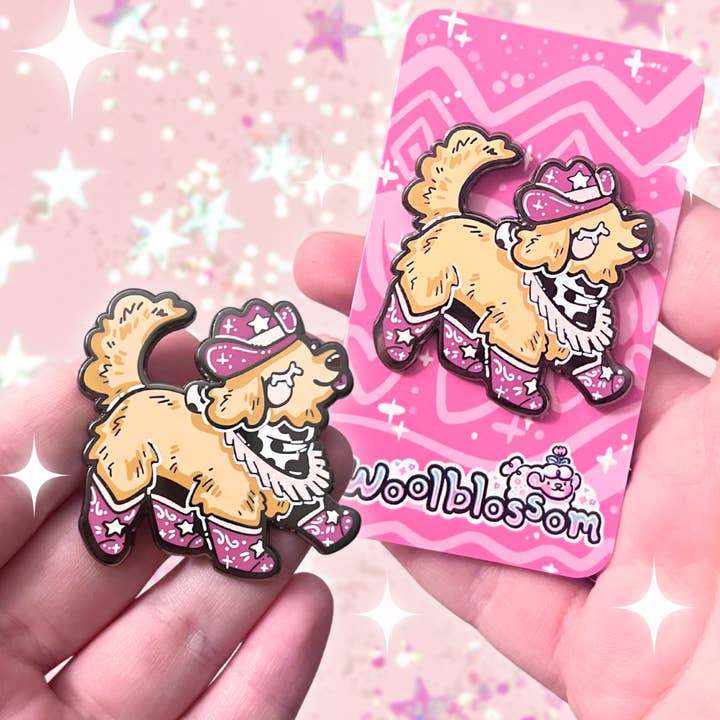 Chiot Cowgirl Rose ~ Épingle en Émail pour la vente par Woolblossom
